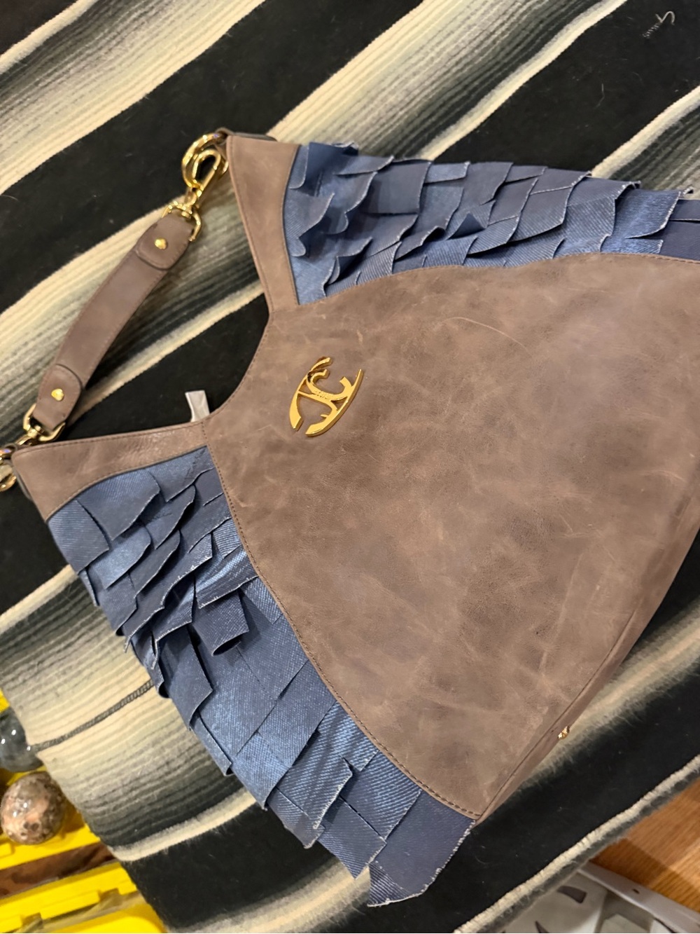 Just Cavalli Brown Shoulder Bag with Blue Fringe and Gold Hardware